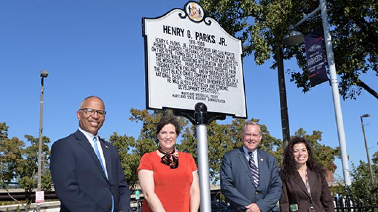 Pictured: (From left) Lt. Governor Boyd K. Rutherford; Rosalie Johnson (Henry Parks’ granddaughter); Assistant Secretary of Commerce Tom Riford; and Maryland Stadium Authority’s Rachelina Bonacci.