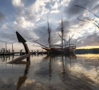 The Maryland Dove sits anchored in St. Mary's City