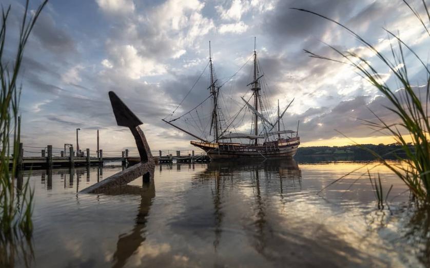 The Maryland Dove sits anchored in St. Mary's City